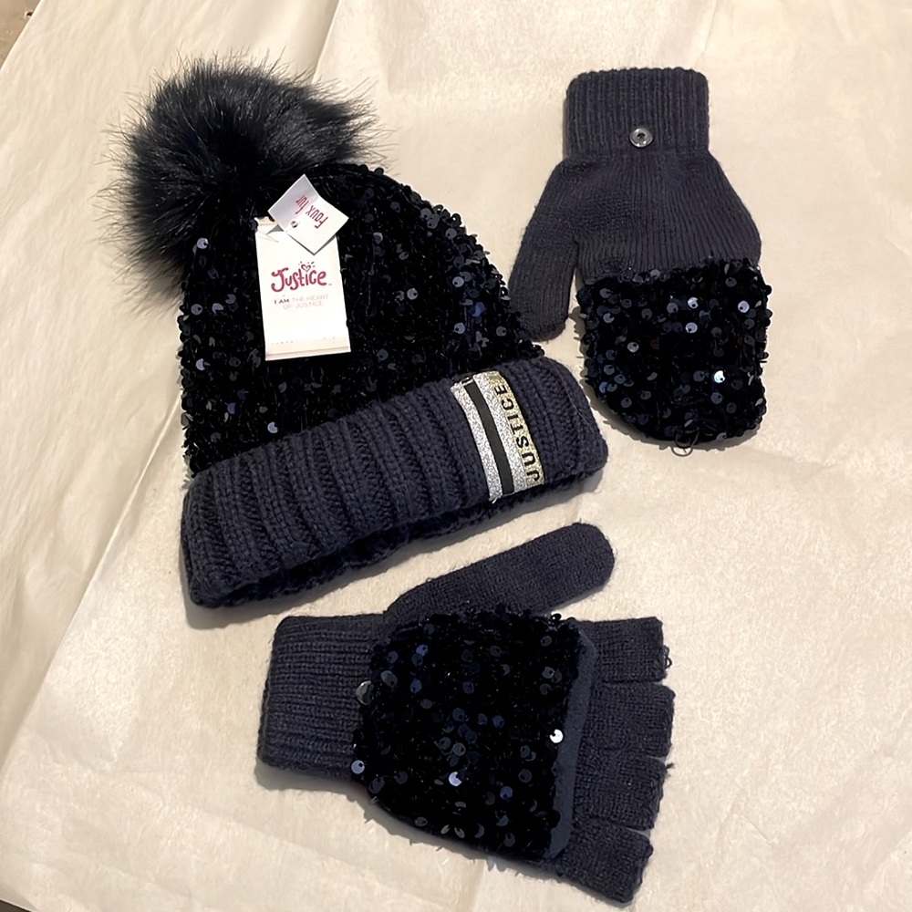 Justice Sequins Blue Beanie with Faux Fur Pom Pom, One Size, little girls.